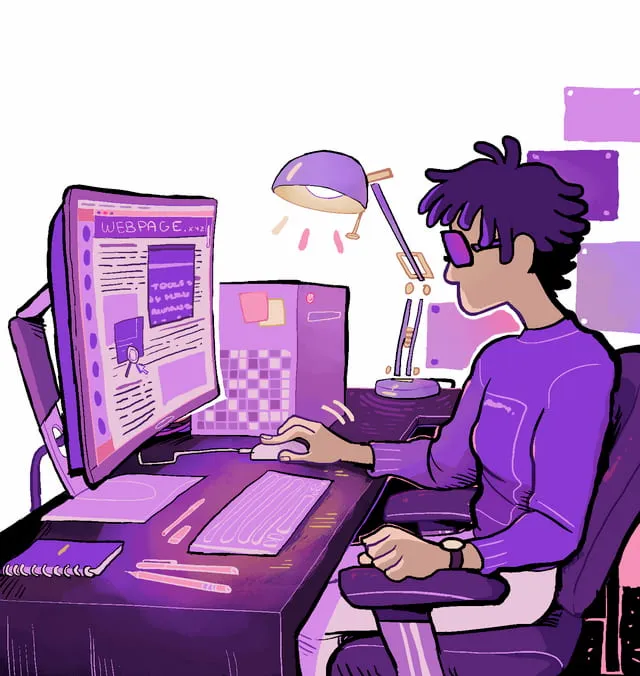 A person with short, thick hair and prescription glasses sits at an organized workstation, using a magnification app to navigate a webpage. Their posture is proper and relaxed. On the desk: a computer, a mouse, a large desk lamp and a small notebook.